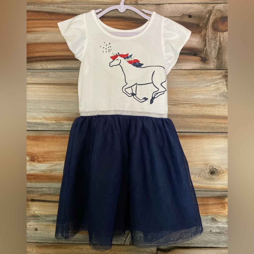 Cat and Jack dress size small. Red, white, and blue with sequin unicorn horn!